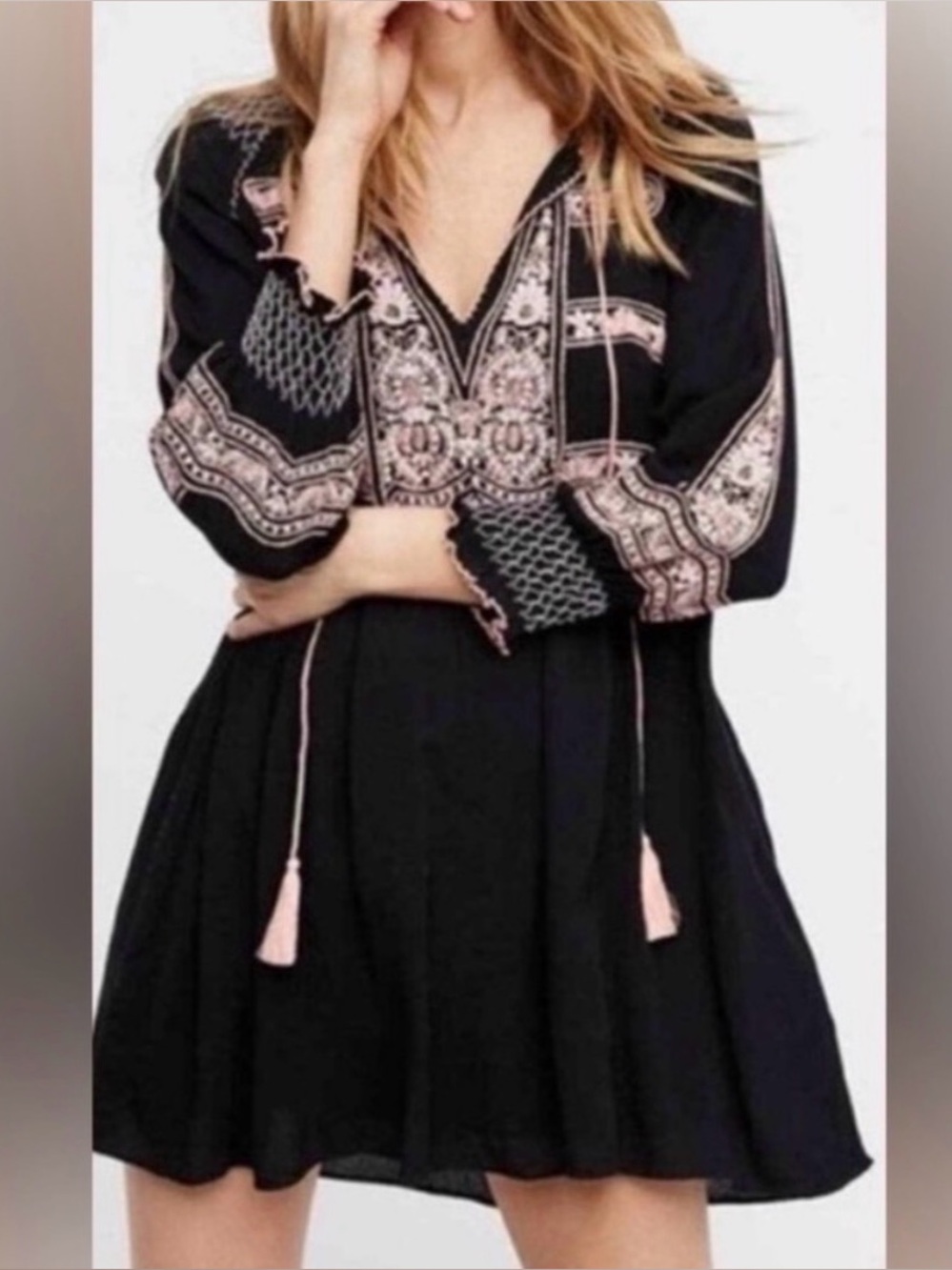 Free People Boho Embroidered Black Dress with Pink Accents